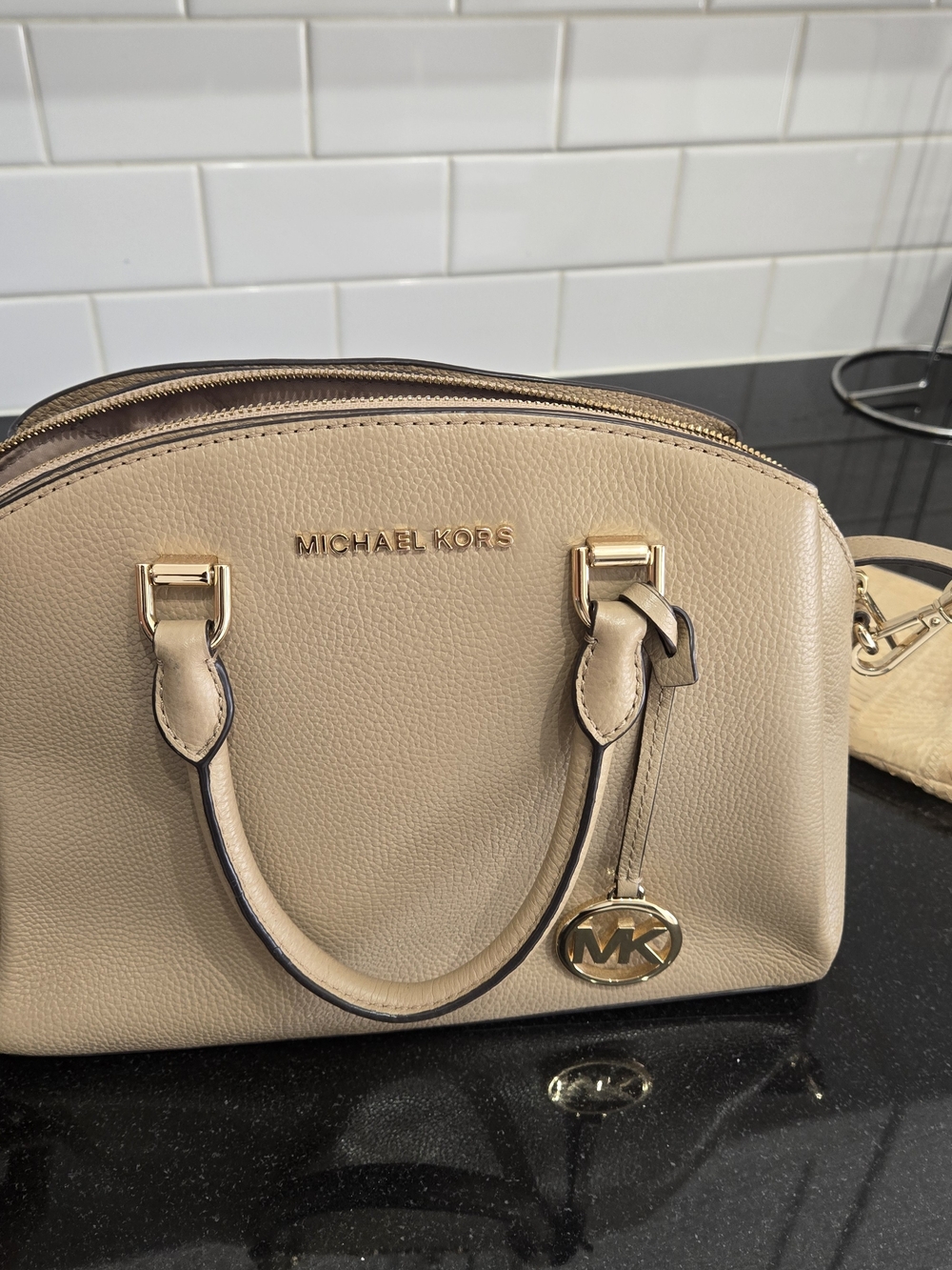 MICHAEL Michael Kors Taupe Pebbled Leather Dome Satchel with Gold Hardware